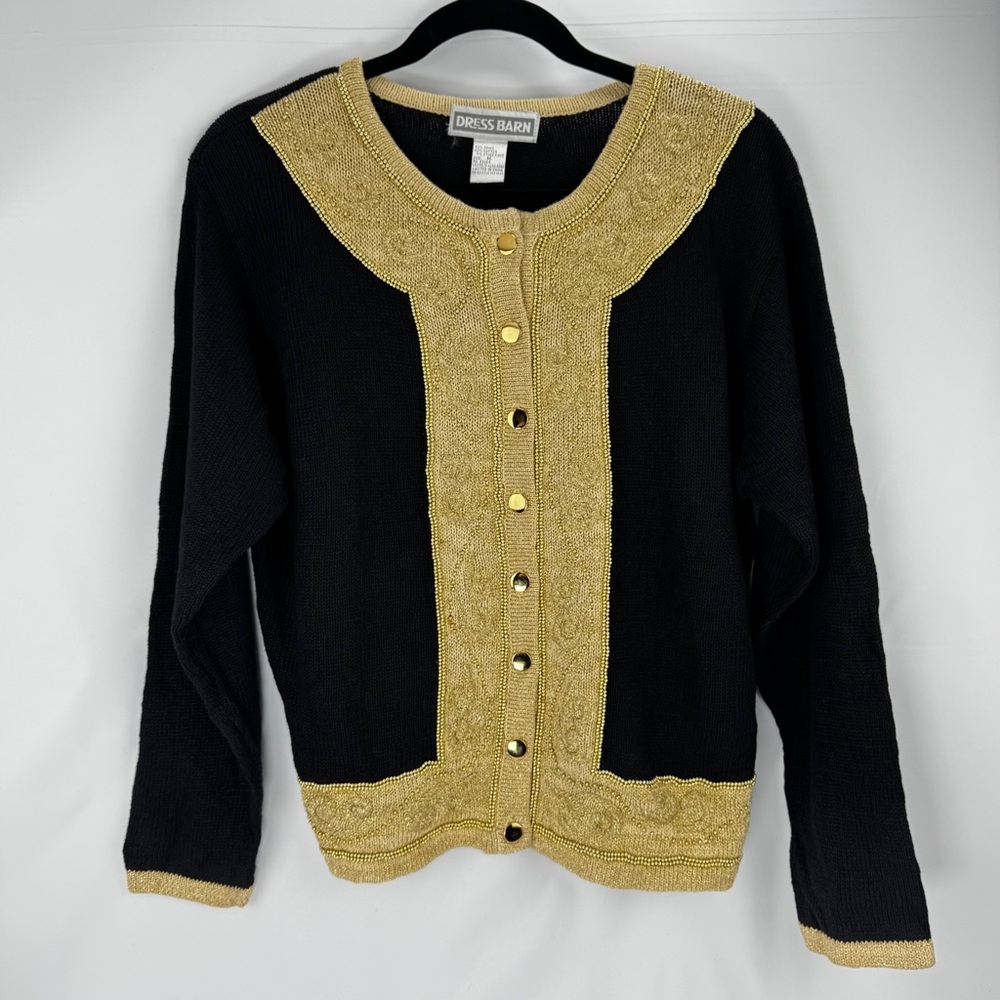 Vintage 80s Metallic Gold Black Beaded Cardigan Sweater